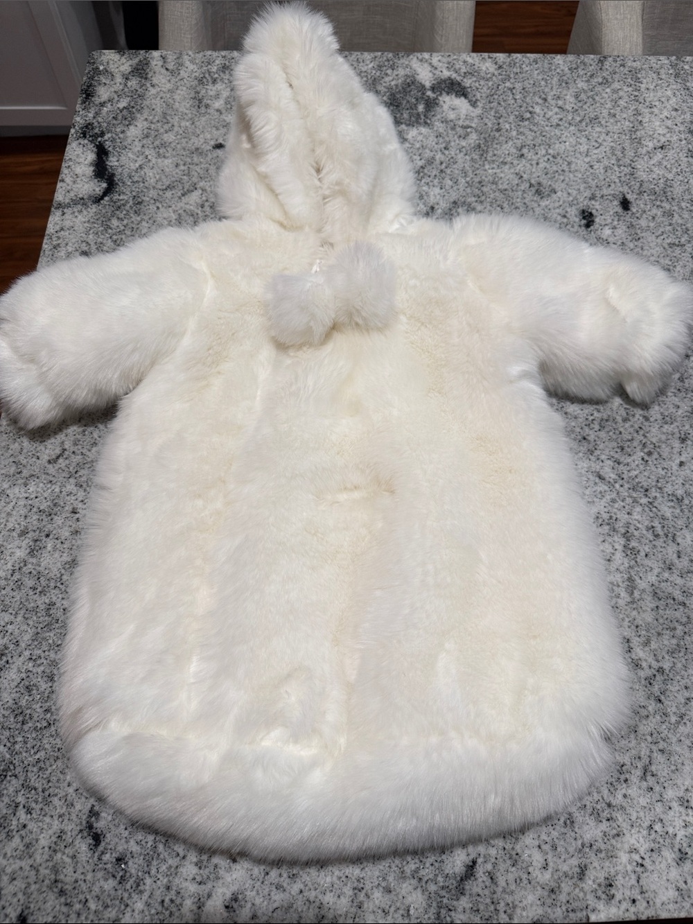 Restoration Hardware Cream Faux Fur Pom-Pom Baby Bunting with Hood - 6M